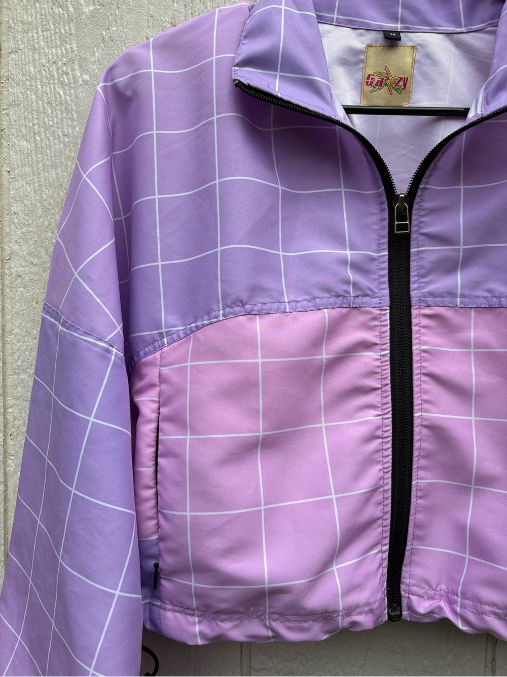 GAZY Pastel Grid Cropped Windbreaker Jacket Purple Pink Size M EUC
